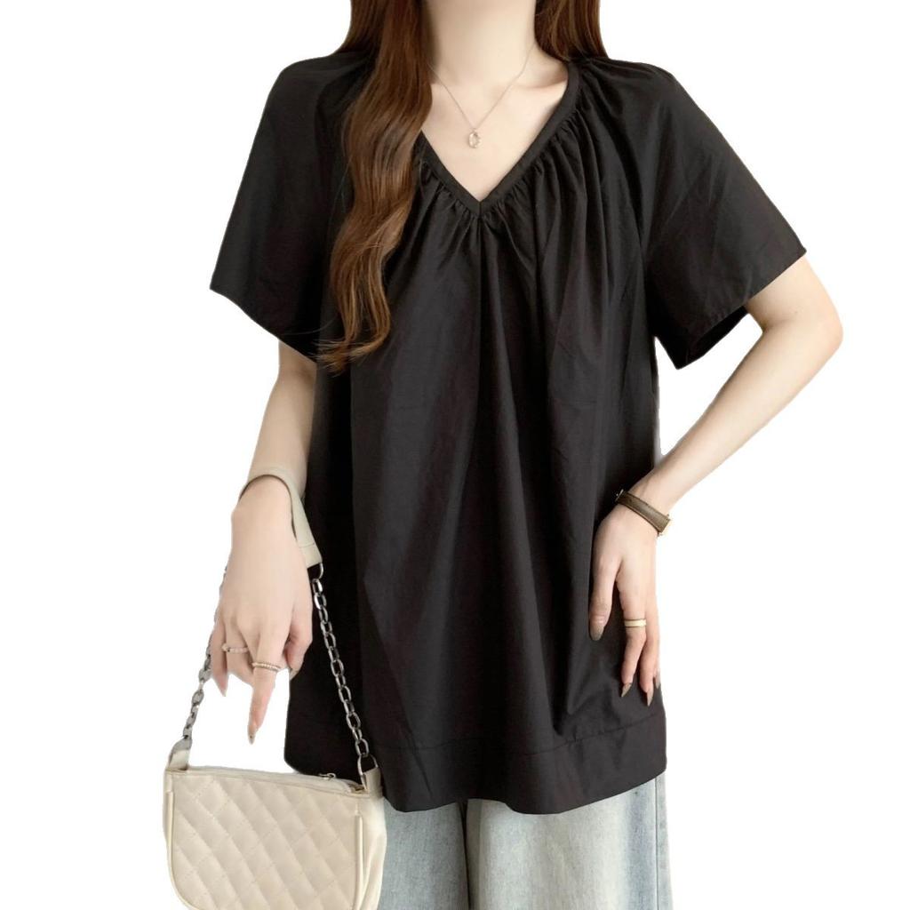 Large size design V-neck front shoulder short-sleeved T-shirt for women's summer new fat mm versatile loose and thin meat-covering top for women