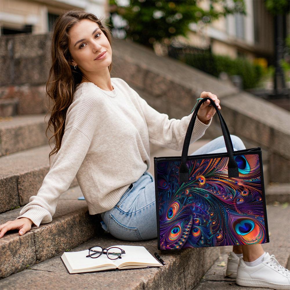 Vibrant Peacock Feather Printed Casual Tote Bag for Daily Use Portable Stylish Large Capacity Shoulder Handbag for Women