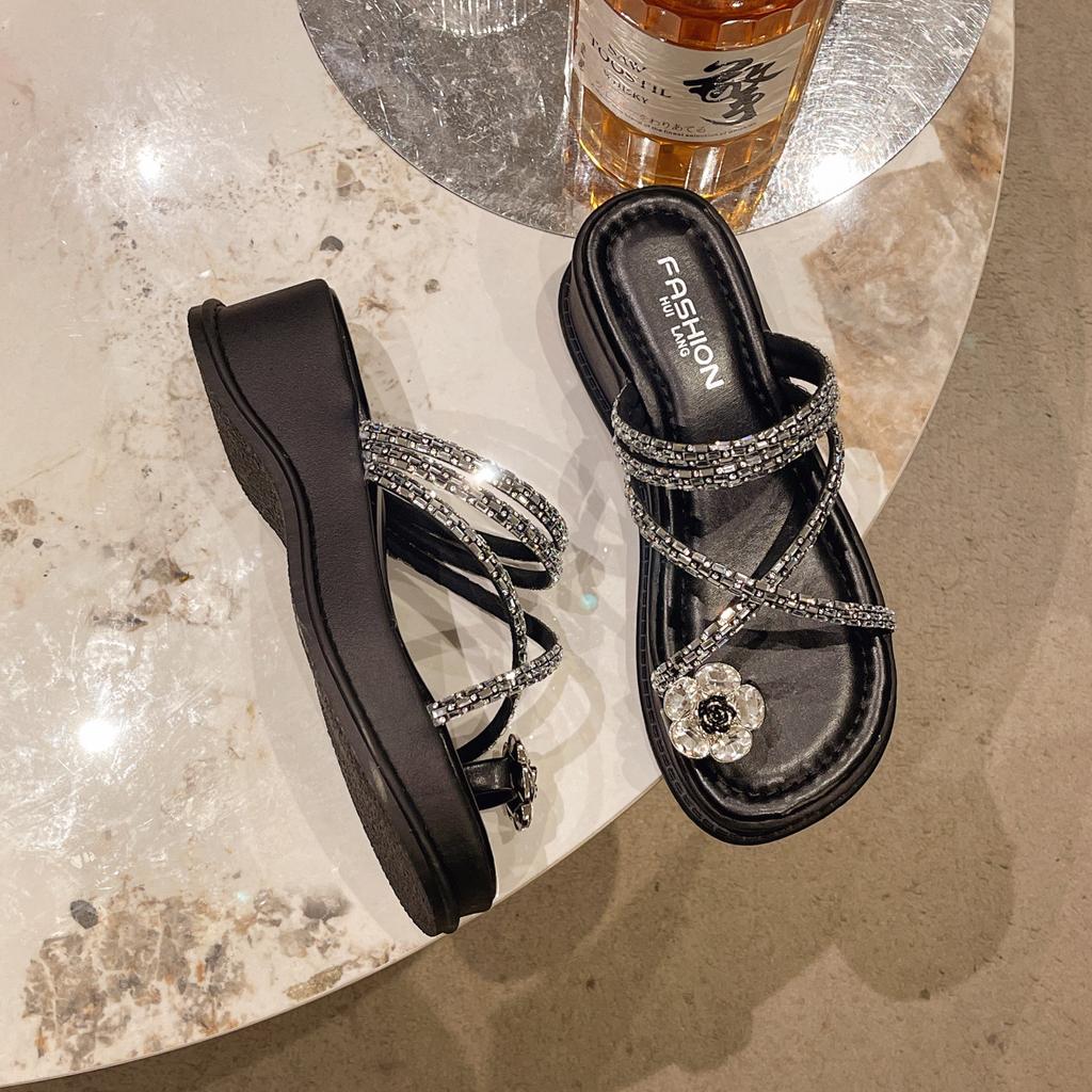 Pearl Rhinestone Sandals Slippers Women's Summer Wear Pinch Feet Fat Wide Set Toes French Roman Beach Platform Wedge Sandals