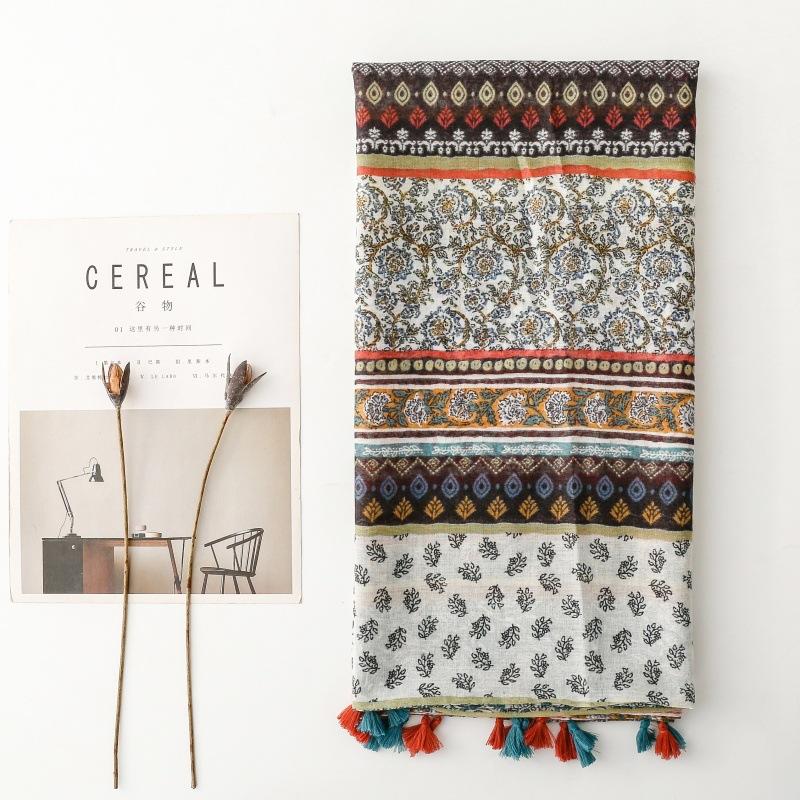 Women Viscose Scarf Summer Beach Shawl Cotton Linen Feeling Tassel Bohemian Style Floral Pashmina Muslim Hijab Wrap Lady