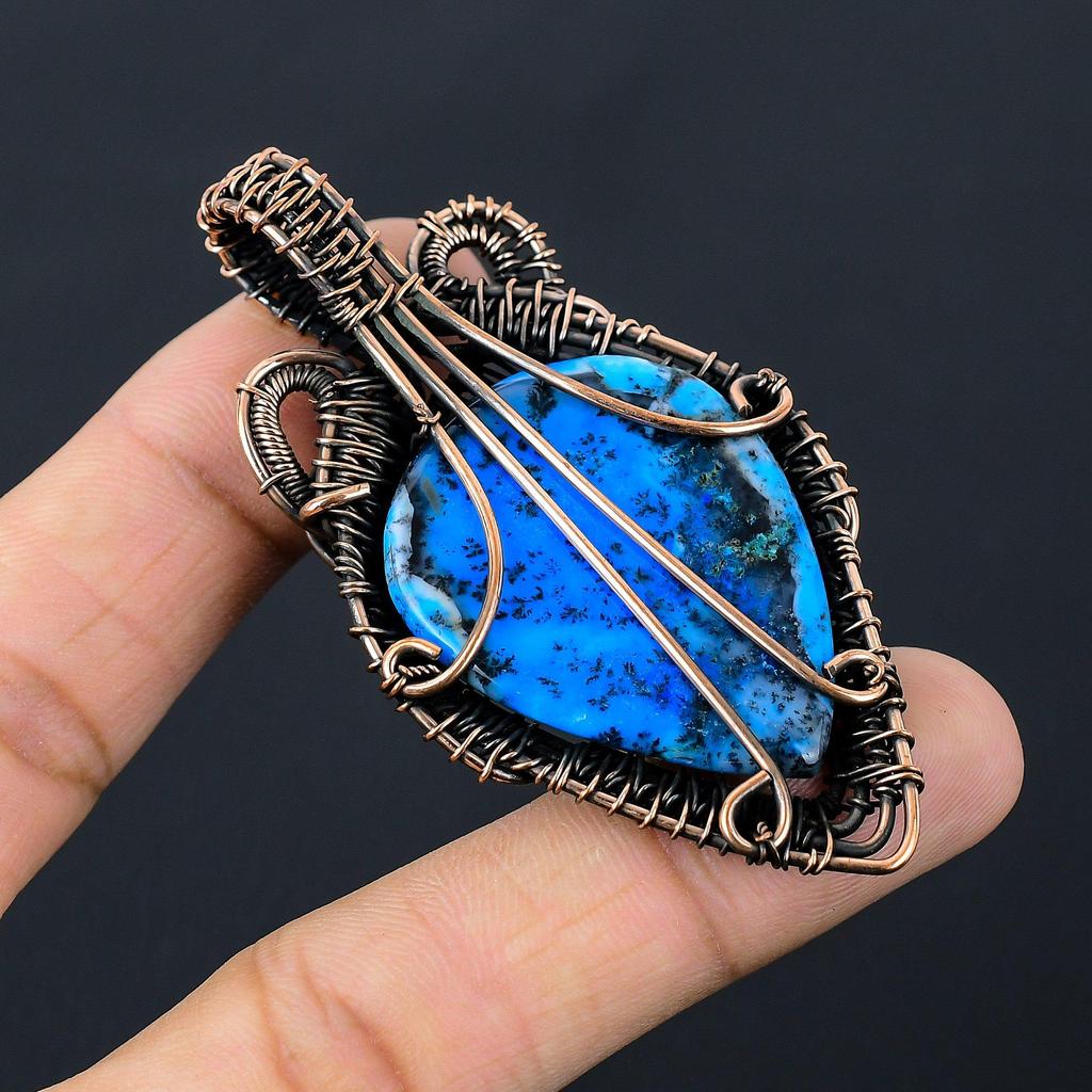 Blue Dendrite Opal Gemstone Pure Copper Wire Wrapped Handmade Pendant Jewelry For Her