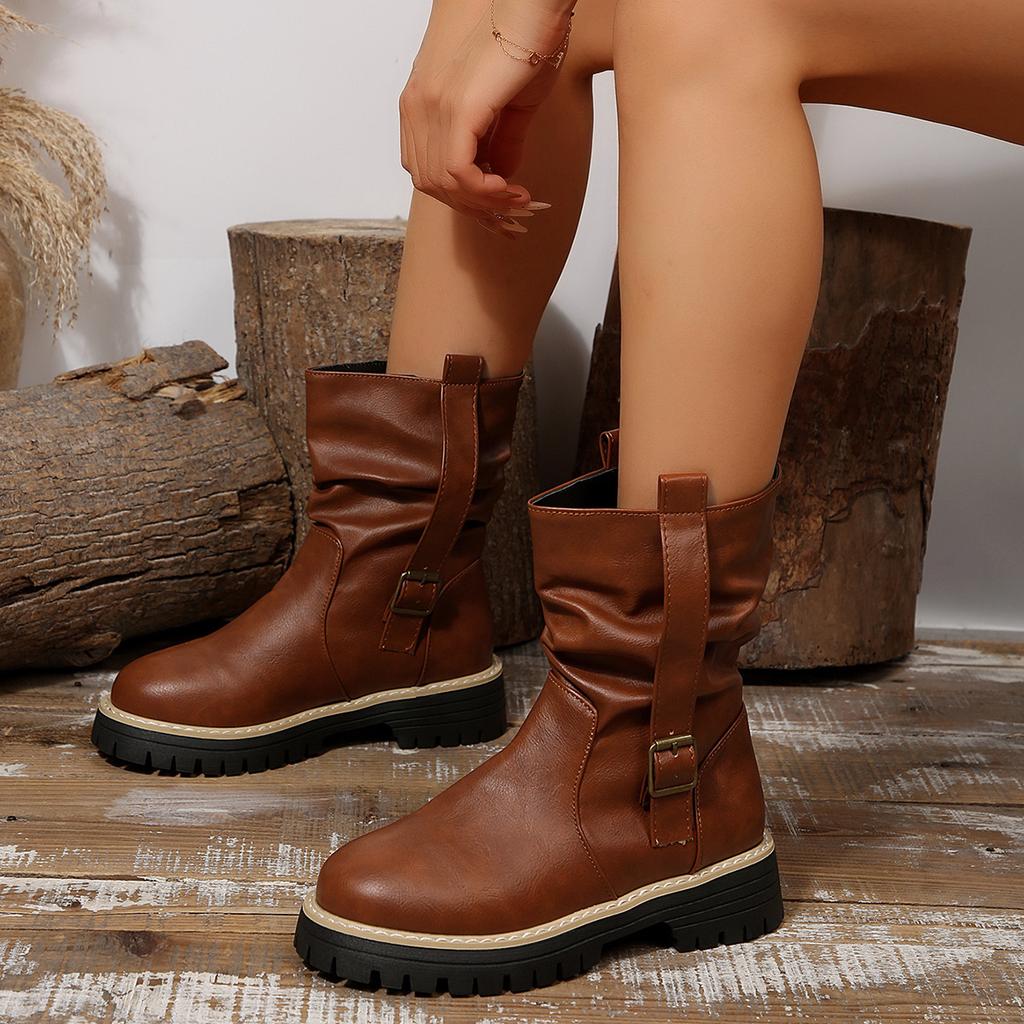 Damskie botki na szeroką stopę z okrągłym noskiem na słupku - marszczone botki slouch z klamrą na jesień/zimę, retro brytyjski styl, botki na masywnym obcasie