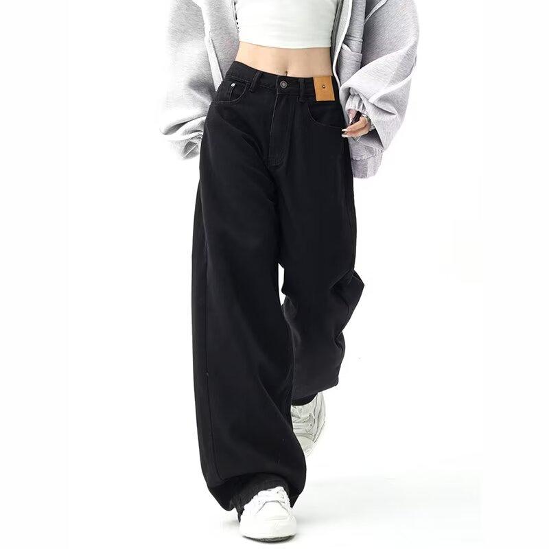Černé volné rovné džíny dámské korejská móda streetwear vysoký pas široké nohavice džínové kalhoty dámské volné mopovací džínové kalhoty