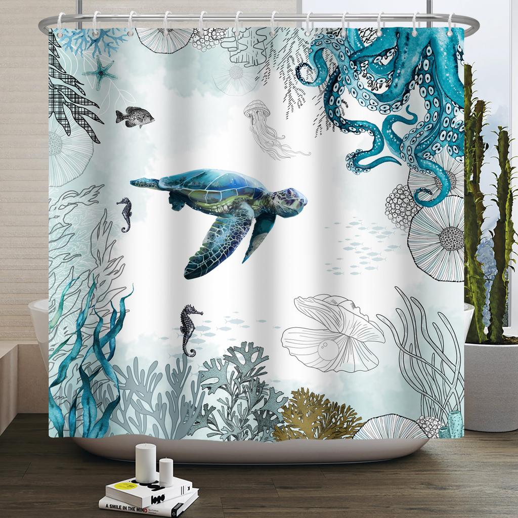 Underwater World Ocean Shower Curtain for Bathroom Seabed Animals Sea Turtle Dolphin Fish Waterproof Bathroom Curtain With Hooks