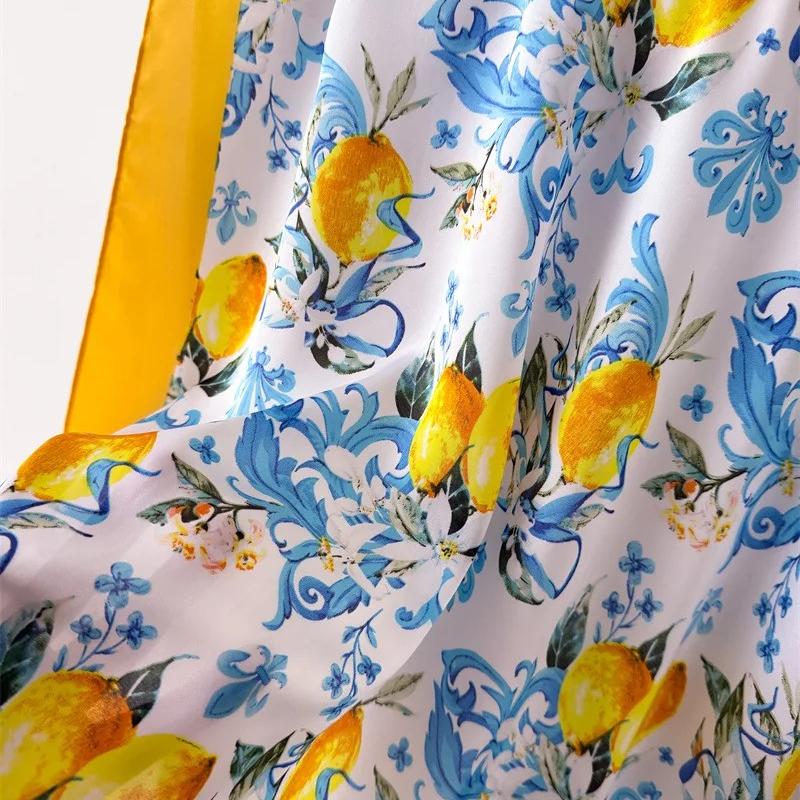 Yellow Lemon Print Silk Scarf 70x70cm Women Square Headban