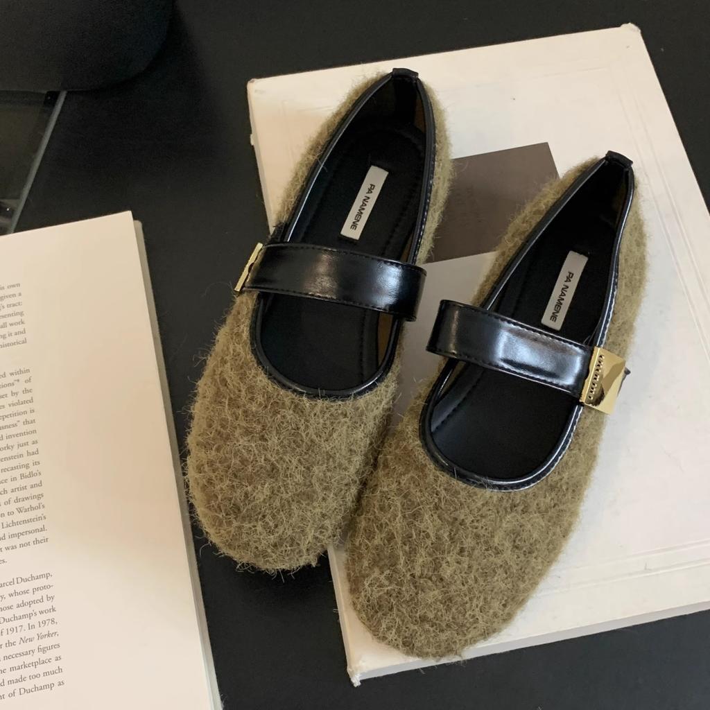 Suding's new retro round head flat bottom one-word buckle with Mary Jane shoes women's warm and plush niche fluffy single shoes