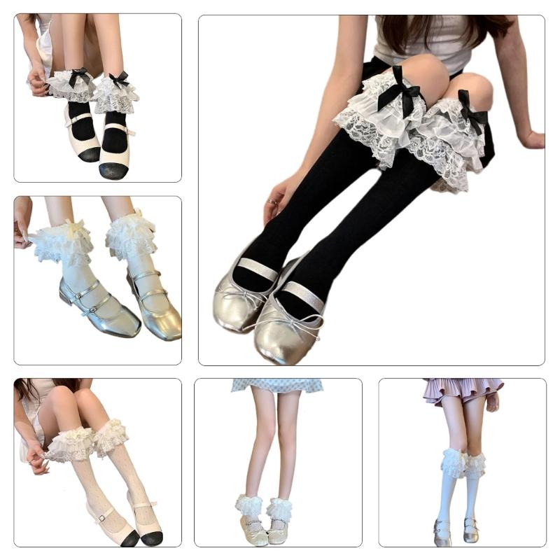 Elegant Tiered Lace Ruffle Calf Socks Cute Bowknot Wing Princess Anklet Frilly Trim Dress Socks for Women and Girls