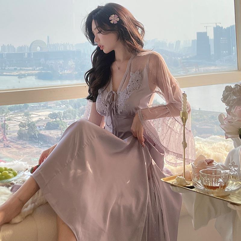 New sexy pajamas women's ice silk summer lace long dress French fairy style can be worn outside loungewear