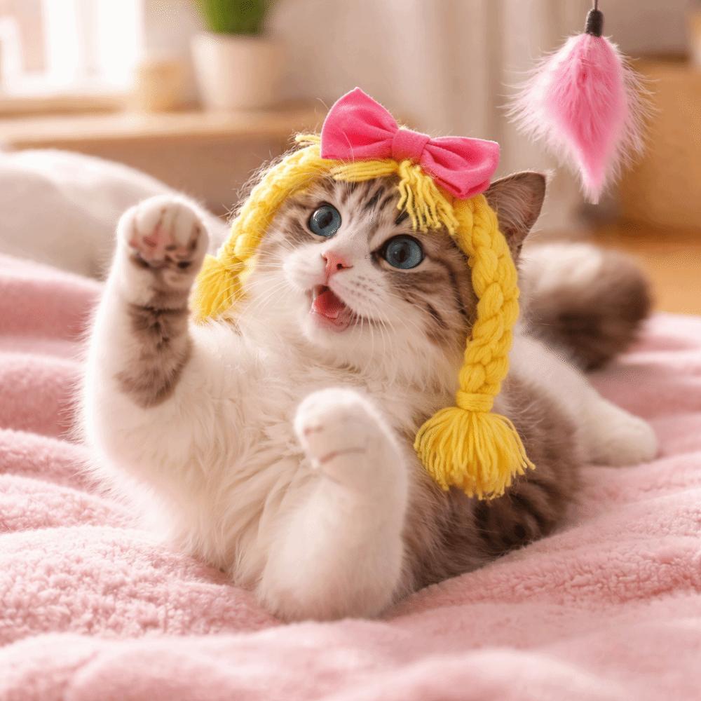 Double Braids Pet Wig Braid Bow Pet Headgear Pet Dress Up Cat Funny Headpiece  Cosplay Events