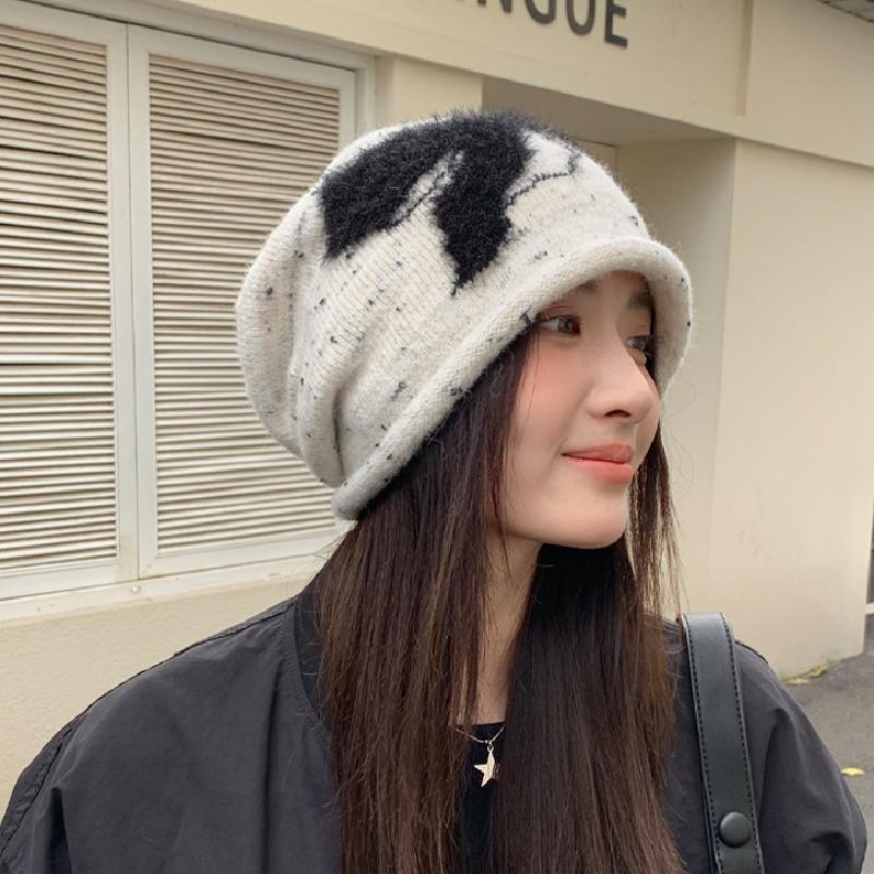 Splicing Fashion Plush Design Women Casual Knitted Hat For Autumn Winter And