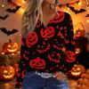 Women’s Casual Halloween Bat Print V Neck Decorative Button Long Sleeve T Shirt Top for Daily Wear and Holiday