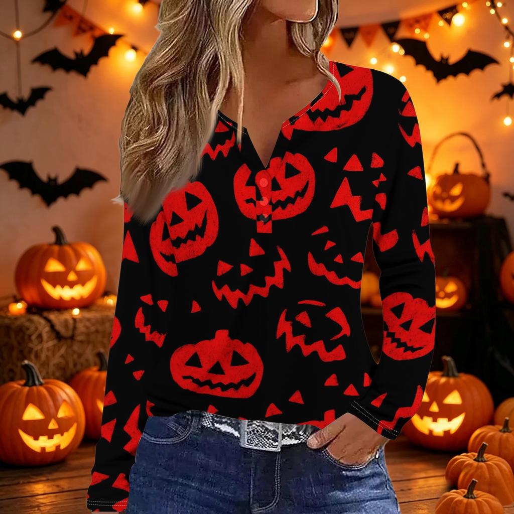 Women’s Casual Halloween Bat Print V Neck Decorative Button Long Sleeve T Shirt Top for Daily Wear and Holiday