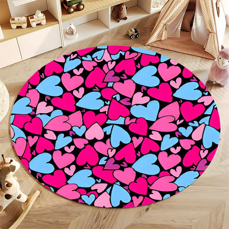 Colorful Heart Pattern Rug for Playrooms and Bedrooms Round Carpet for Home Sofa Bedroom, Gift