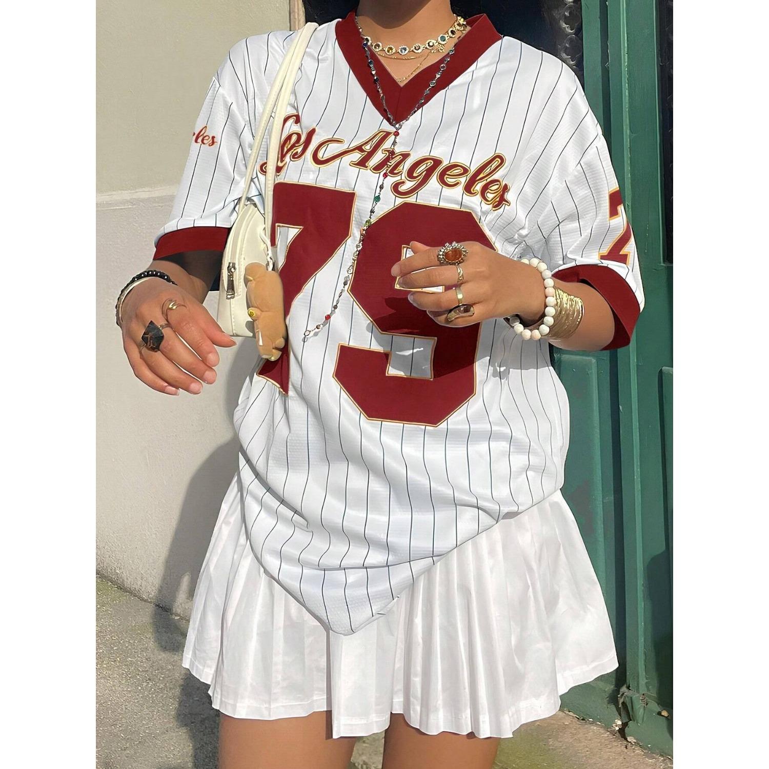 

Женская футболка с V-образным вырезом и короткими рукавами с принтом букв, летняя футболка с рисунком, бейсбольная футболка, спортивная футболка XL