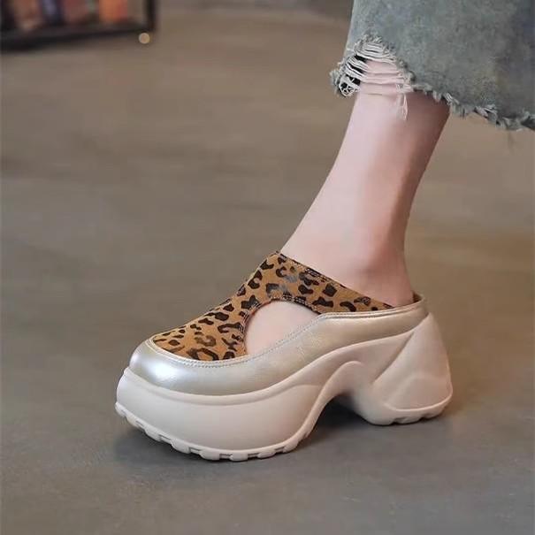 

Super high heel hollow small bag head half slippers women wear muffin thick sole to increase height cool slippers lazy shoes 34 леопардовий