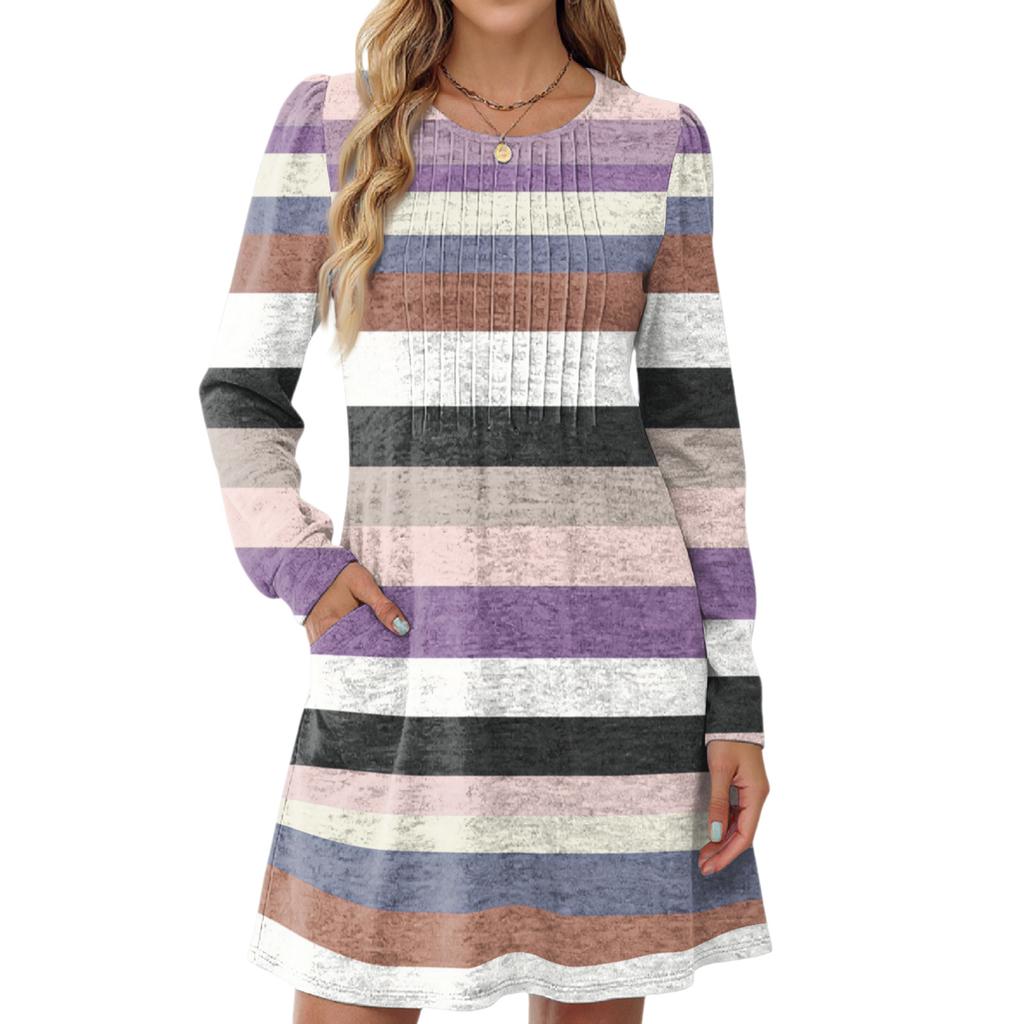 Women's Long Sleeve Pleated Round Neck Plaid Stripe Print Casual Dress With Pockets
