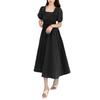 Women Summer Dress Square Neck Bubble Sleeve Pleated Shirring Elastic Bust Short Sleeve A-line Loose Hem Vintage Mic-calf Length Midi Dress
