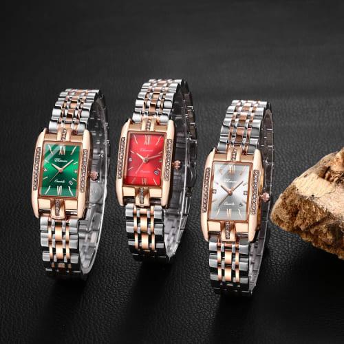 Women's Square Diamond Watch: Dainty Replica Watch with Zirconia, Roman Numerals, Quartz Movement, Calendar, Date Display, Stainless Steel Strap, Red,