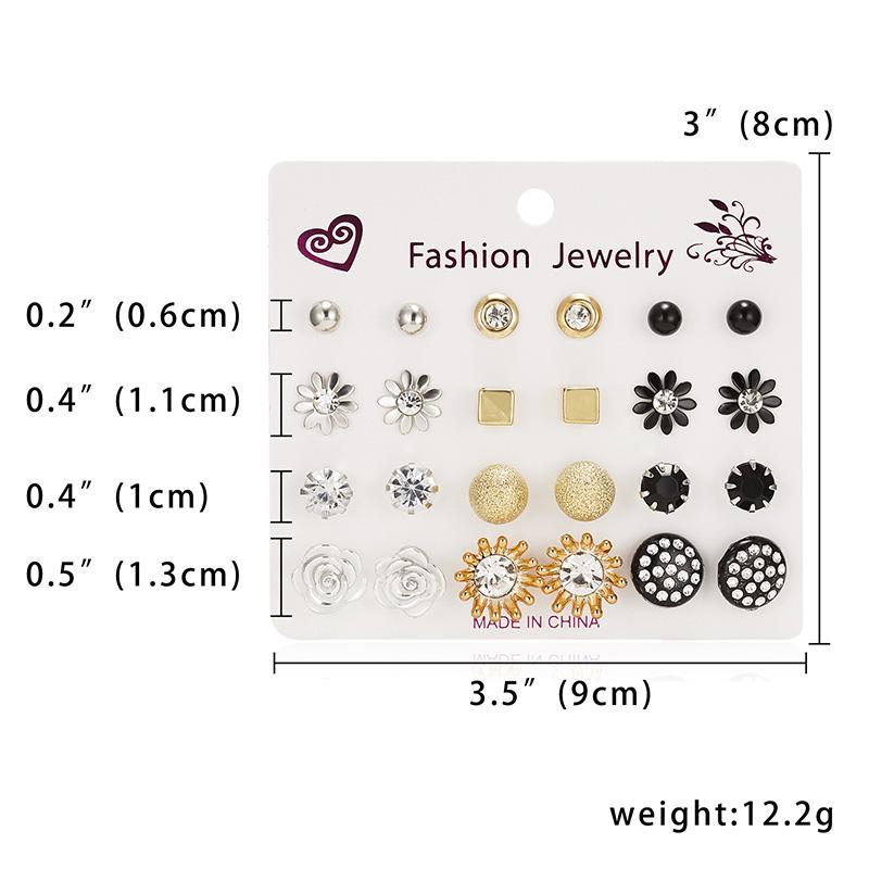 12 Pairs/set Classic Crystal Stud Earring Sets Women's Round Ball Metal Pearl Flower Earrings For Women Girl Gift Mixed Jewelry