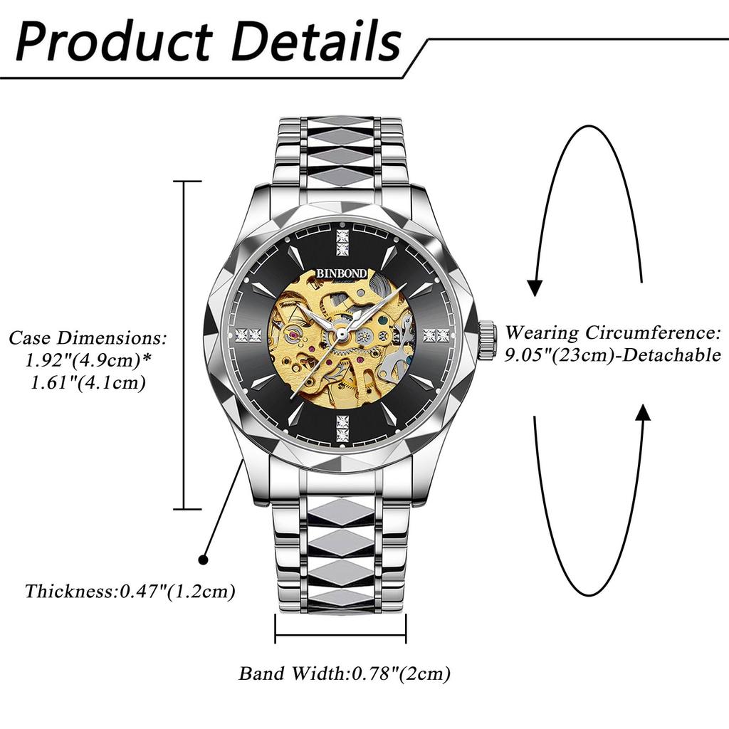 Men's Automatic Skeleton Watch 3ATM Waterproof Luminous Analog Stainless Steel Simple Stylish Casual Business Fashion Accessory - Birthday
