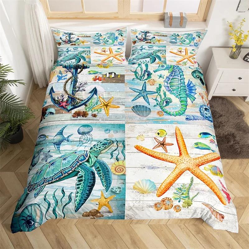 Ozean Thema King Bettbezug Set Nautischer Seestern Bettwäsche Set Mikrofaser Meeresleben Steppdeckenbezug Einzelbett Twin Für Jungen Mädchen