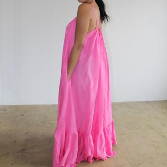 Maxi Dress Backless Casual Floor-length Solid Color Big Swing Strap Pocket Sling Dress for Beach