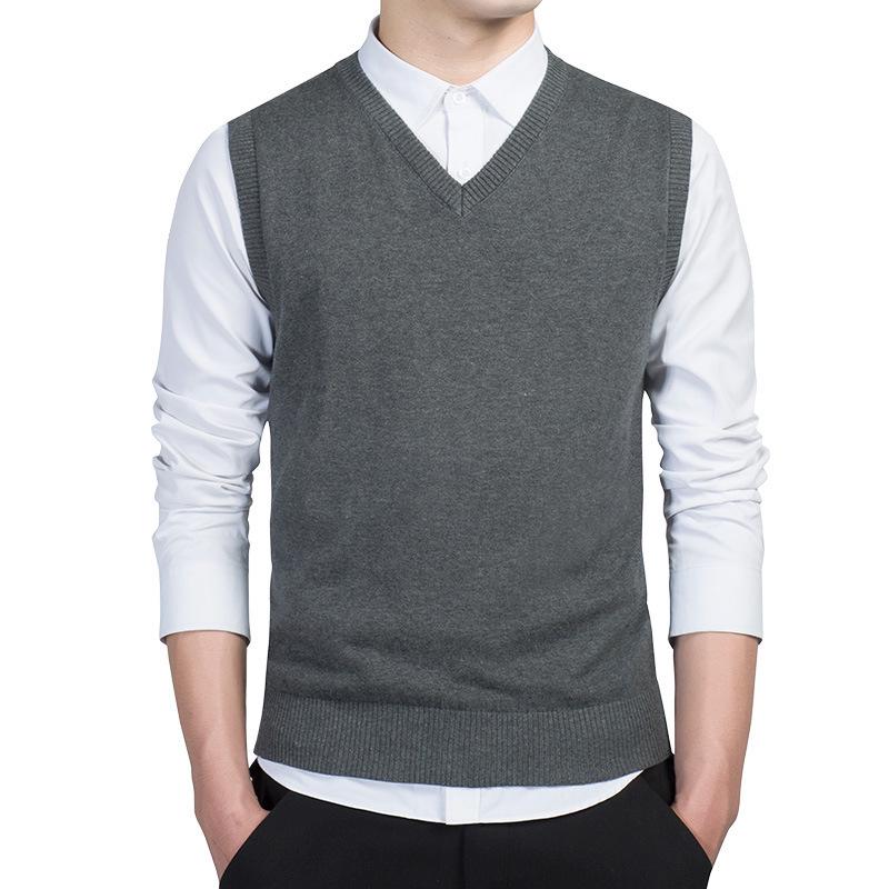 Men's Solid V-Neck Wool Knit Vest - Sleeveless Pullover for Spring and Autumn