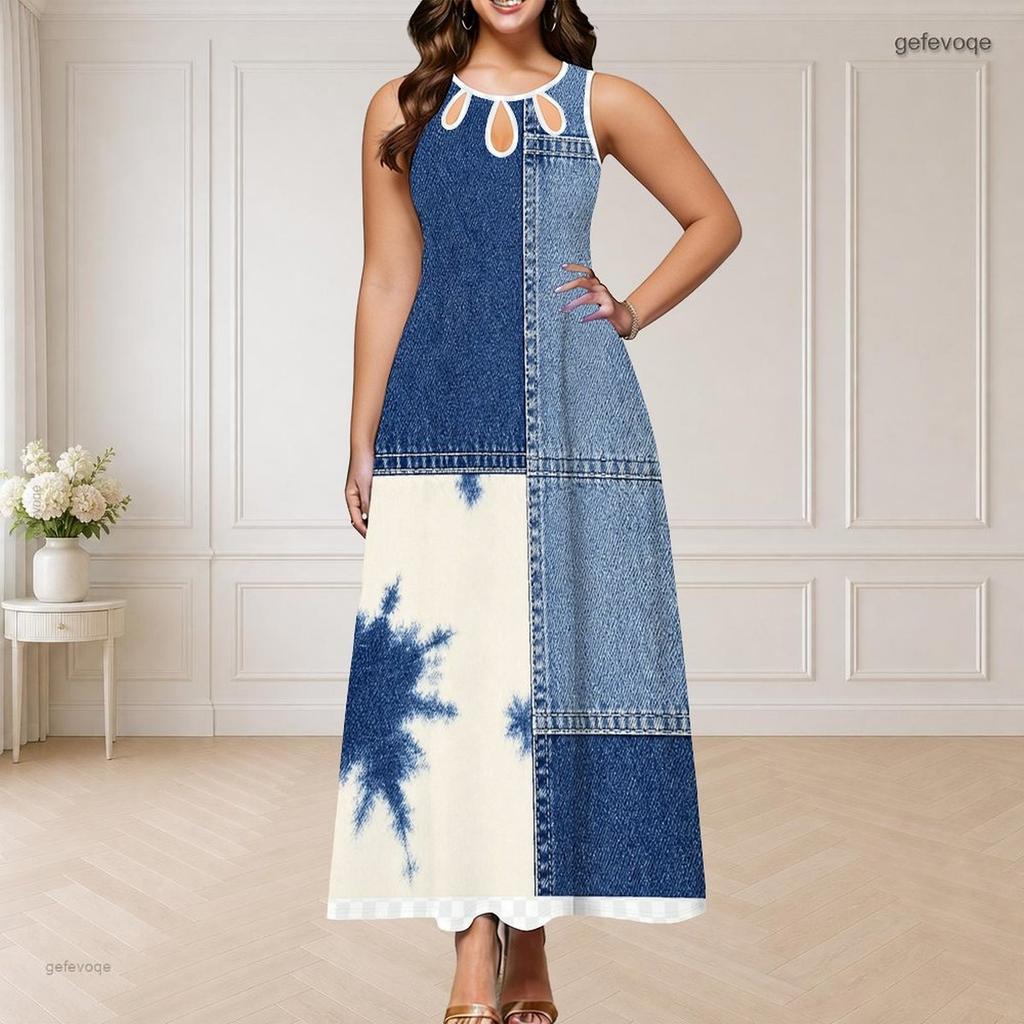 Women Plus Size Round Neck Triple Keyhole Sleeveless Tie Dye Printed Maxi Dress