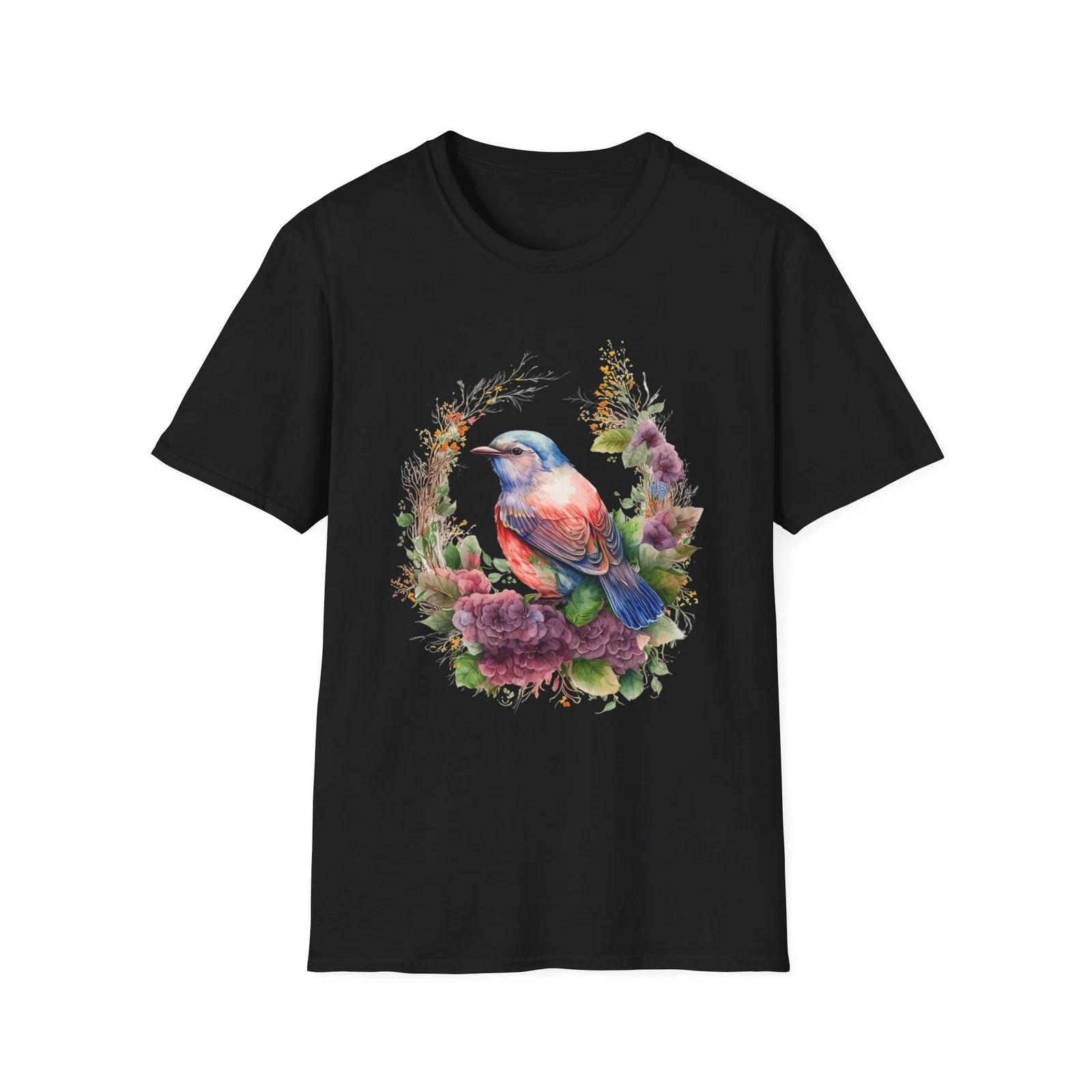 Floral Bird T-Shirt, Nature Lover Gift, Unisex Softstyle Tee, Spring Fashion, 4XL