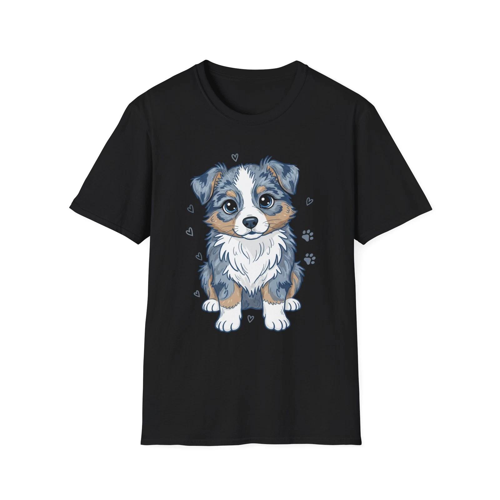 Cute Dog Aussie Watercolor Kawaii Black Tee Graphic Animal T-Shirt M