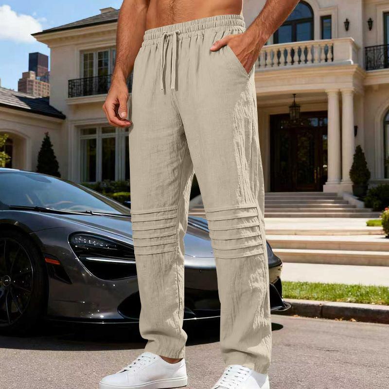 Autumn New Loose Linen Casual Trendy Pleated Simple Home Men's Breathable Straight Trousers