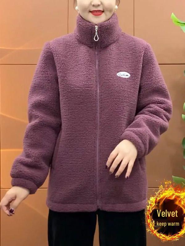 Autumn/Winter Fleece-Lined Outerwear for Middle-Aged Women: Warm, Thick, Loose Cotton Top