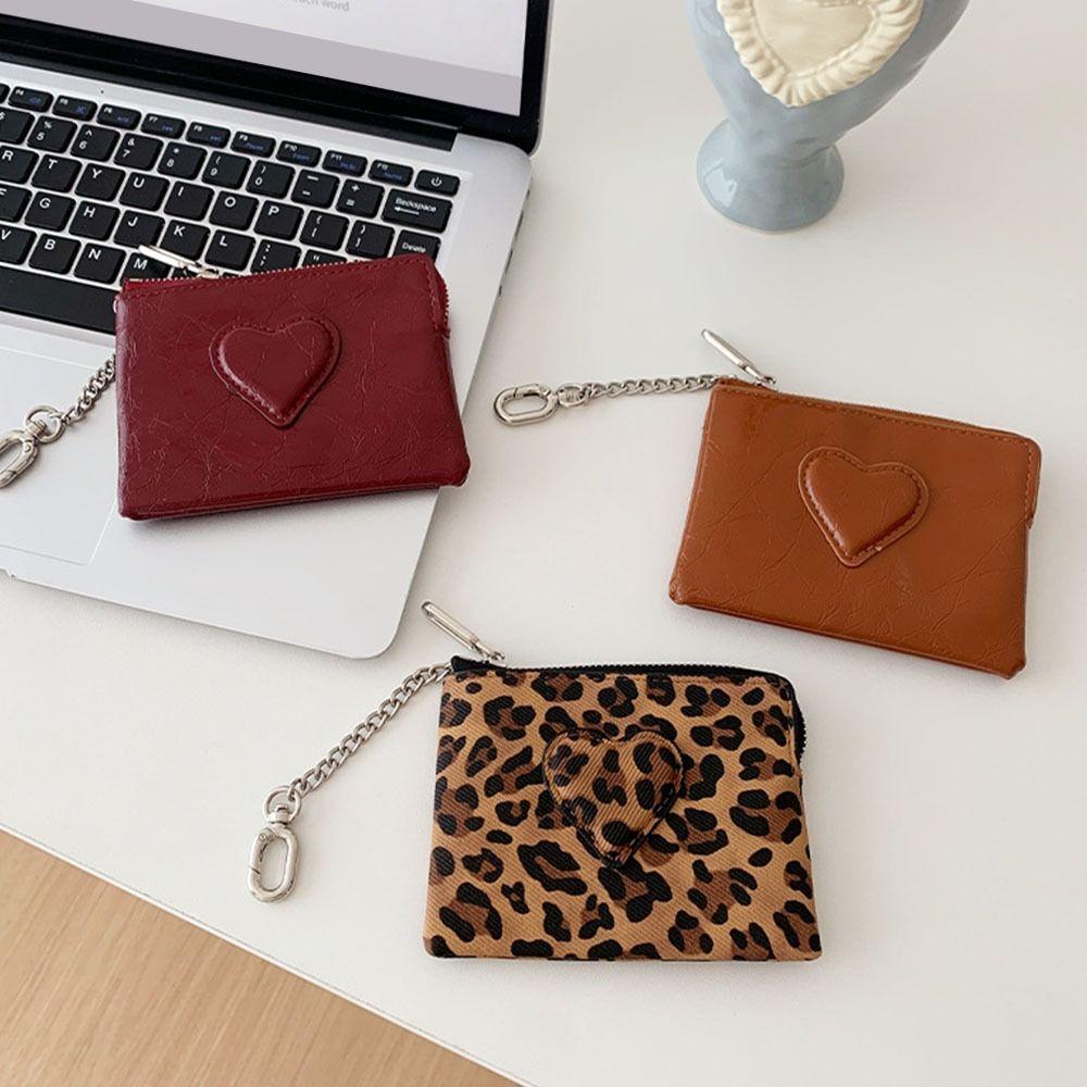 Fashion Leopard Print Coin Purse PU Leather Zipper Card Holder Heart Shaped Mini Card Wallet Travel