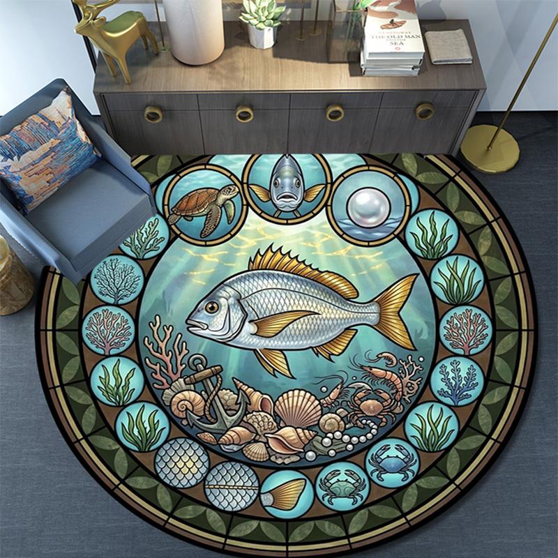 Ocean Life Symbols Round Area Rug Under Office Chairs Bedroom Living Room Home Decor