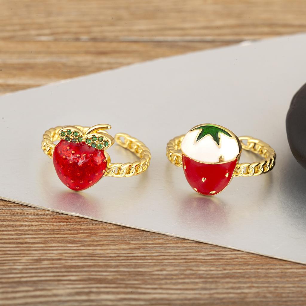 Nidin New Fashion Strawberry Shape Enamel Dripping Oil Open Rings For Women Female Inlaid Green Zircon Adjustable Finger Jewelry