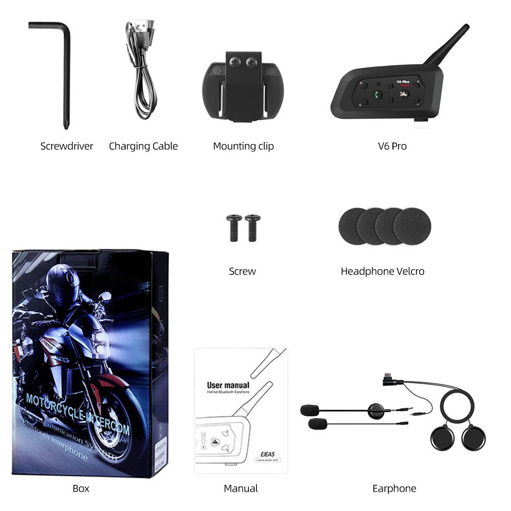 V6 PLUS Motorcycle Bluetooth Helmet Intercom Headset Waterproof Music Player 1500M Interphone Communicator for 6 Riders