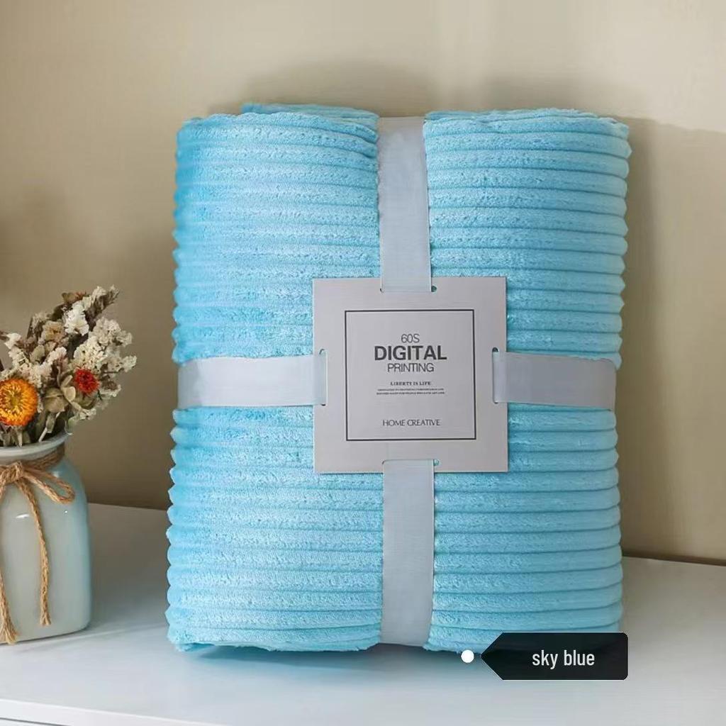Thickened Flannel Striped Velvet Blanket, Plain Color Coral Fleece