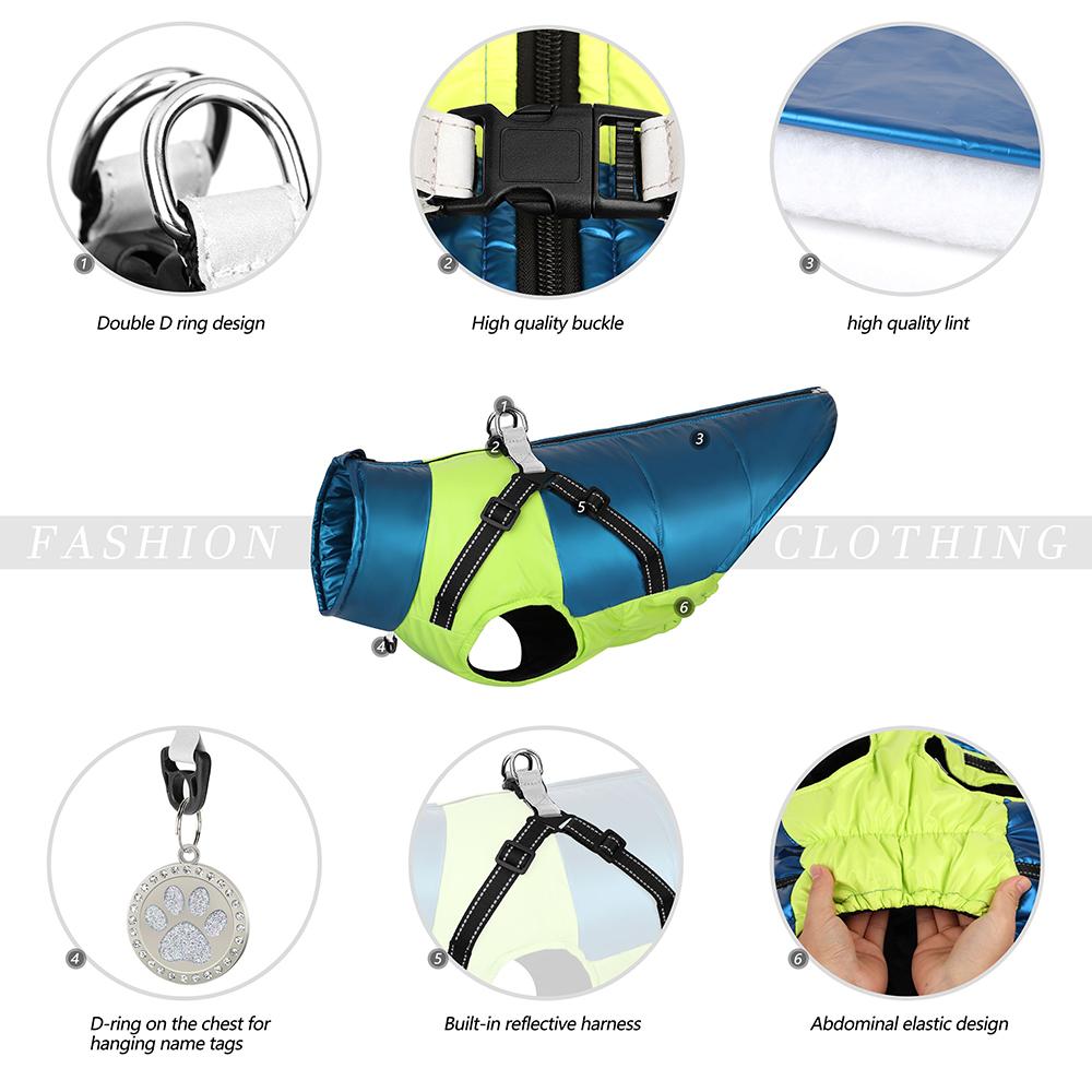 S-6XL Zimní teplá bunda pro domácí mazlíčky, psy, oblečení, nepromokavý kabát pro velké psy, vesta s postrojem pro malé, střední, velké psy, francouzský buldoček