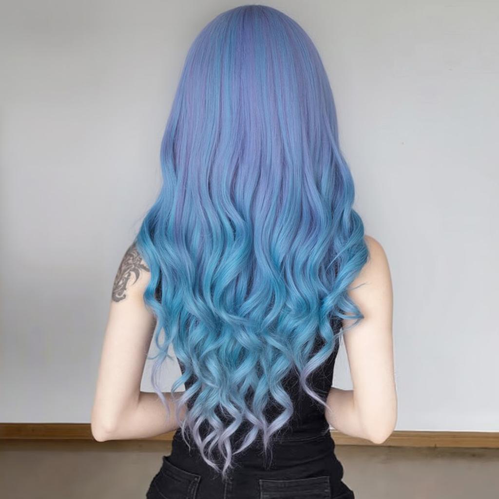 Blue-purple Wavy Wig with Bangs Realistic Cosplay Fake Hair For Daily Dress Party Halloween