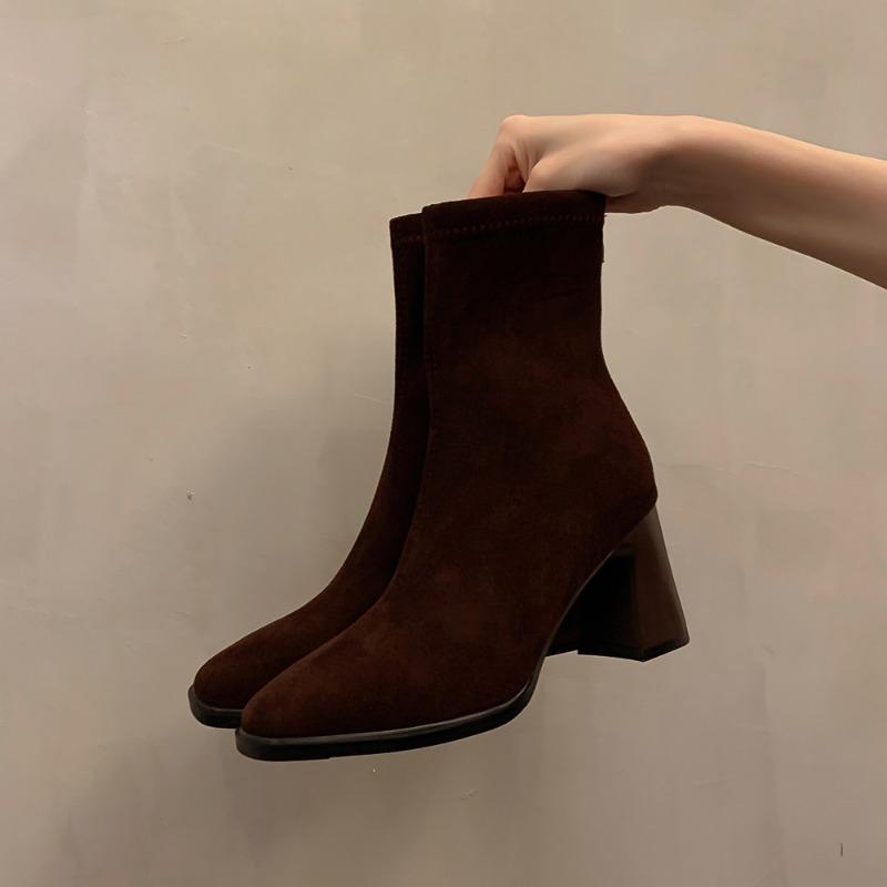 Autumn Winter Vintage Thick Heels Women Ankle Boots Elegant Square Toe Stripper Party Shoes Modern Short Botas Para Mujer