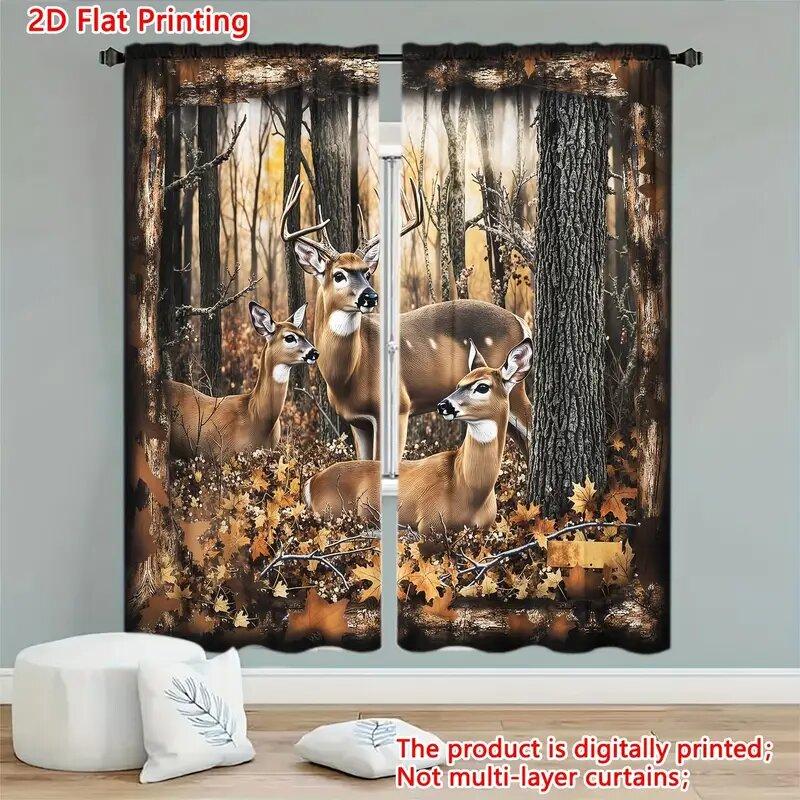 Forest Three Deer Pattern Printed Curtains Window Decoration Home Room Curtain Set Of 2 Made Polyester Washable