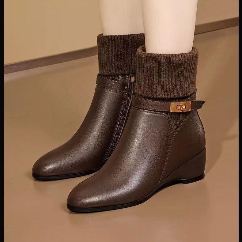 2025 autumn and winter new boots women's soft leather wedge heel short boots women's shoes platform high heel socks tube boots wool women's boots thin