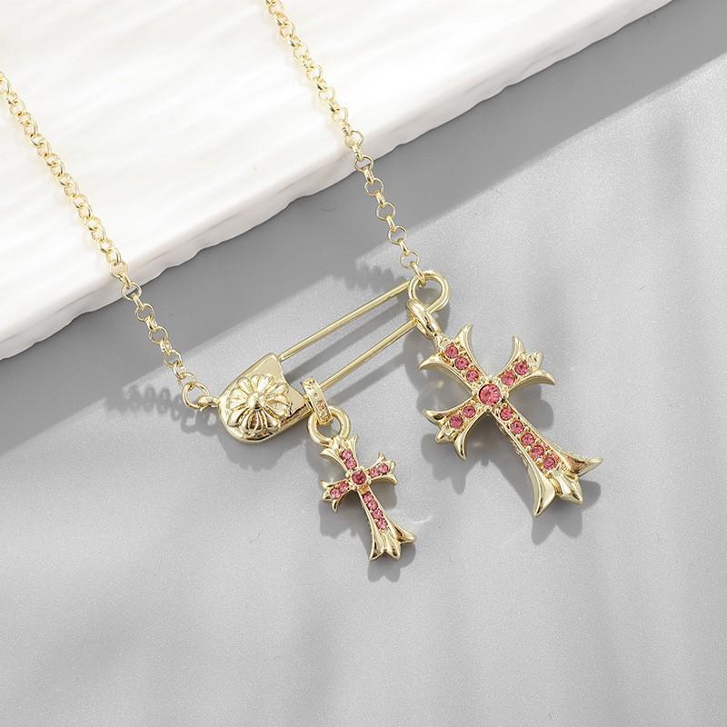 Kroxin Guld & Silver Vintage Kors Hänghalsband med Diamantbrosch - Hip Hop Trendig Par Kedja