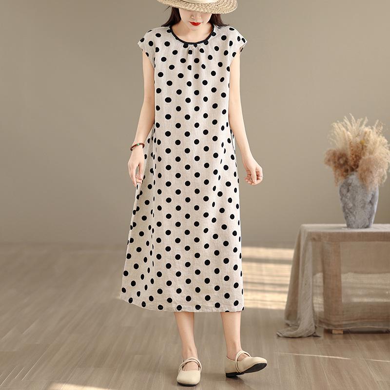 2026 Polka Dot Cotton & Linen Summer Dress: Women's Casual Slim-Fit Mid-Length