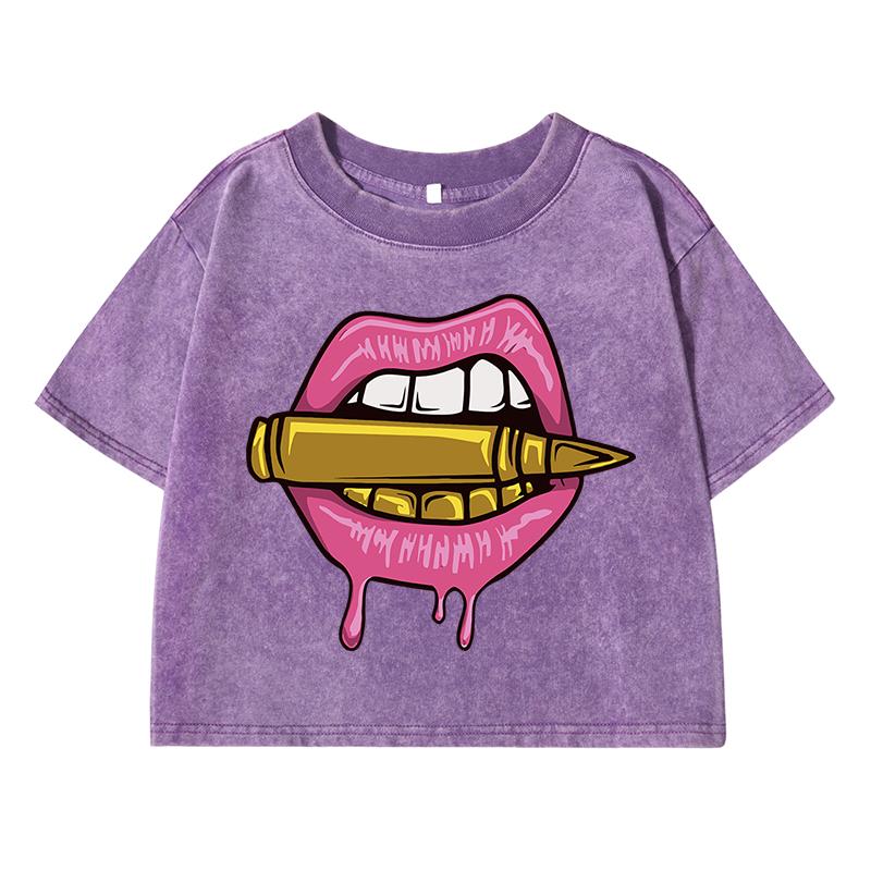 

Сексуальные футболки с принтом губ для женщин, выстиранные, короткие, летние, дышащие, с круглым вырезом, мягкая одежда, открывающая живот XL