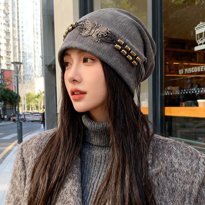 Autumn and Winter New Tie Dye Tassel Hat for Women Retro Baotou Cold Hat Big Head Circumference Showing Face Small Butterfly Pile Hat