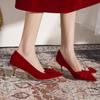 Autumn new retro red single shoes women's thin heels, light mouth high heels, bow embroidered clothes, bridal shoes