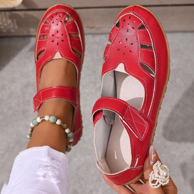 Women's Plus Size Closed Toe Roman Sandals, breathable hollow out flat design with comfy soft fit for daily casual walking wear