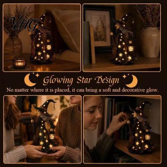 Collectible Witch Figurine 2Pcs Halloween Night Lamp, Holding Lantern with Resin Statue LED, Glowing for Tabletop Decor Home