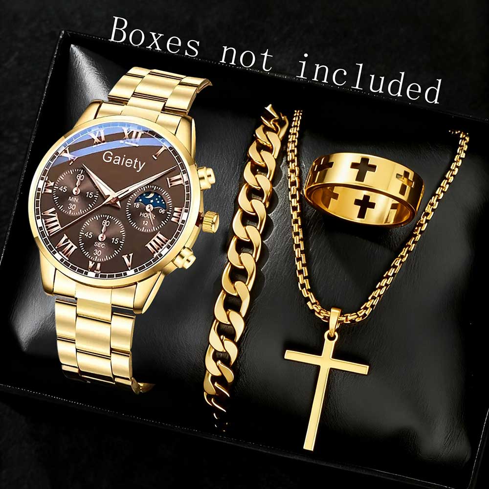 2/4PCS Men's Watch Set Business Fashion Roman Digital Scale Quartz Watch Jewelry Set Suitable for Daily Clothing Matching